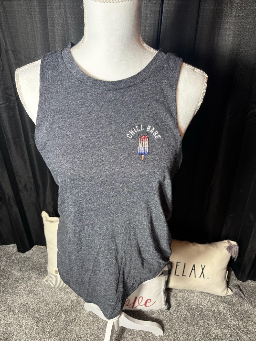 PINK Victoria's Secret Dark Gray 'Chill Babe' Embroidered Tank Size Small
